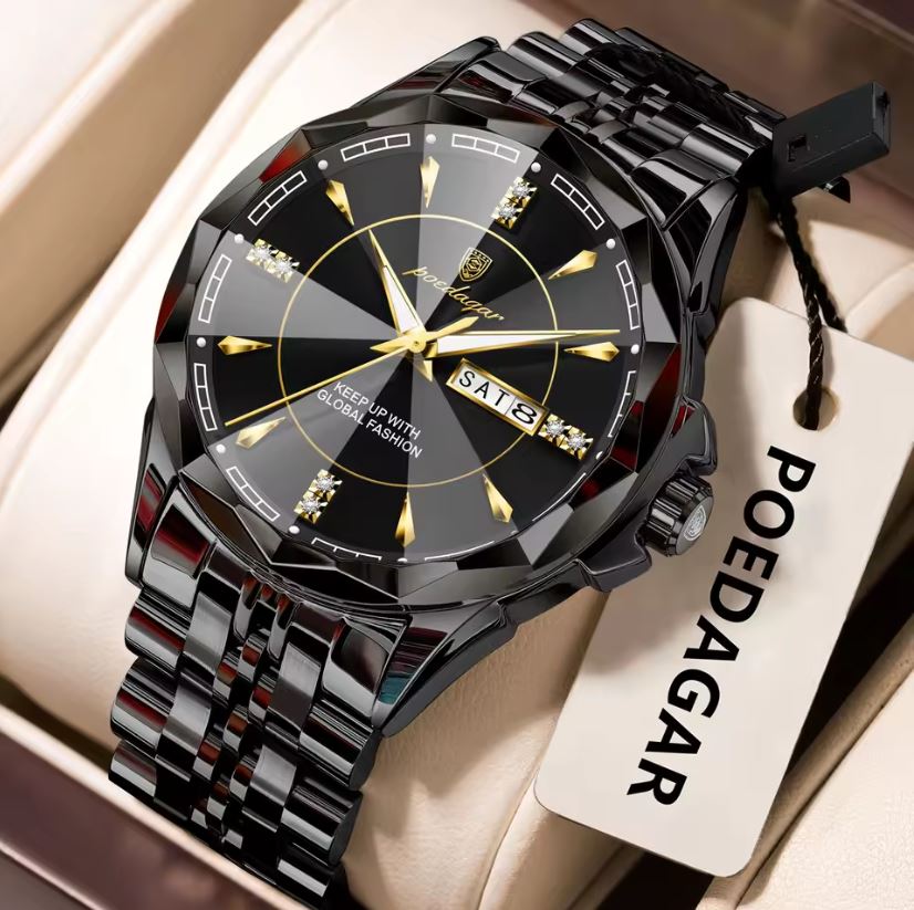 Black and gold watch with brand tag on a beige background