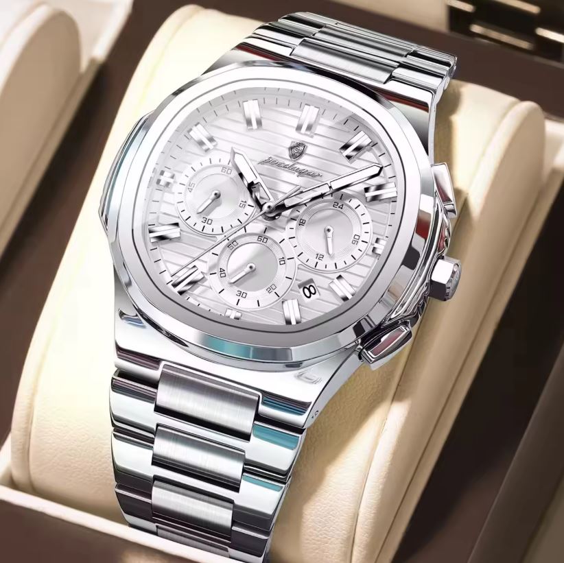 POEDAGAR 834 Men’s Luxury Square Quartz Watch Silver White– Waterproof Luminous Date Stainless Steel Wristwatch