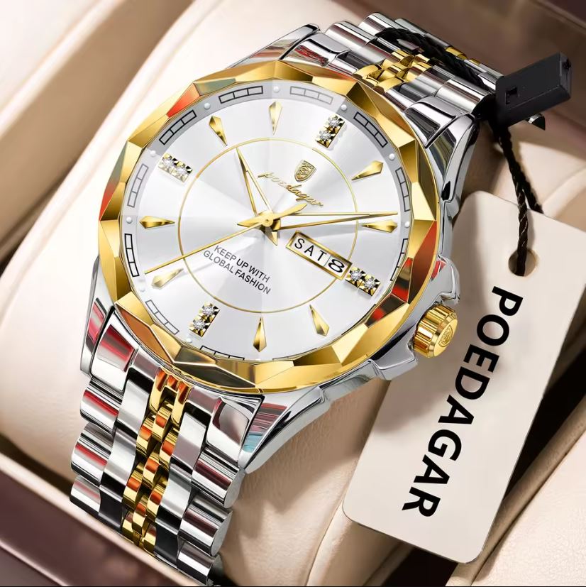 Luxury watch with gold and silver band on a beige background, featuring the brand 'POEDAGAR'.