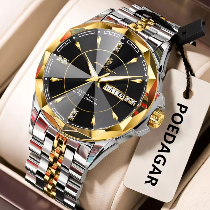Luxury watch with gold and silver band on a beige surface, featuring the brand 'POEDAGAR'.