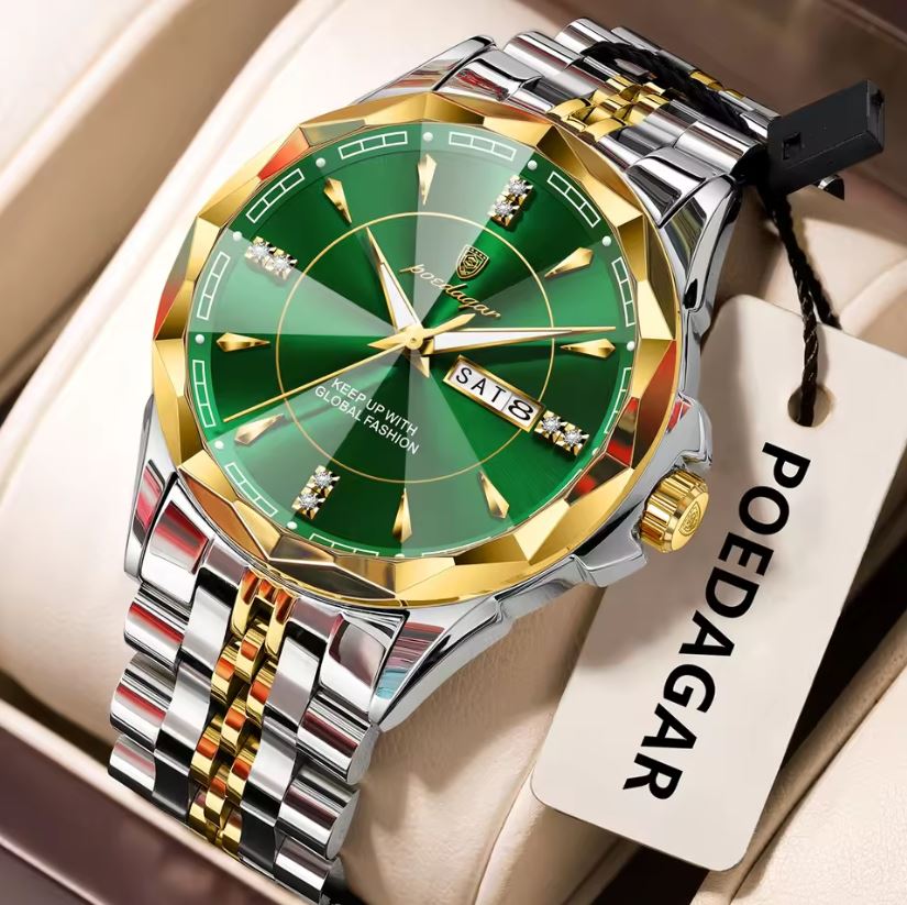 Luxury watch with green face and gold accents on a beige background, featuring the brand 'POEDAGAR'.