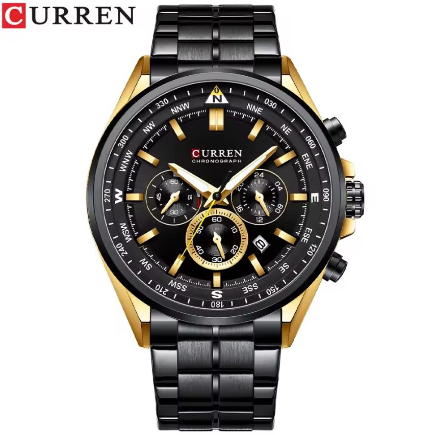 Curren watch with black and gold design on a white background