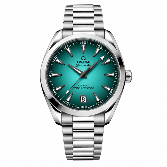 Omega Seamaster Co-Axial Datejust wristwatch with a silver stainless steel case and link bracelet, featuring a vibrant green dial with silver-tone indices and hands.