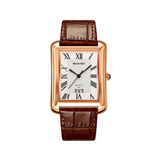 SKMEI 2575 Men’s Square Leather Quartz Watch rose gold/brown – Roman Numeral Business Waterproof Wristwatch