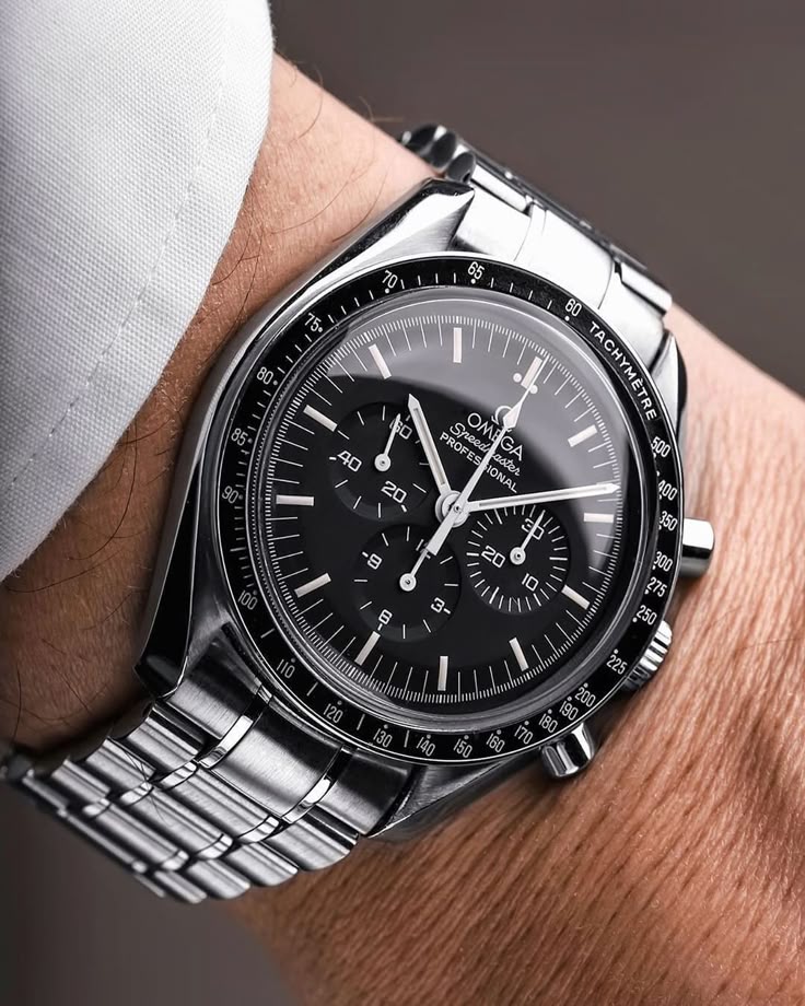 Omega Luxury Chronograph Men's Watch – Black Dial, Black Bezel, Stainless Steel Bracelet