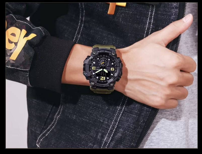 SKMEI 1637 Men’s Analog Digital Sports Watch Black Green– 50M Waterproof