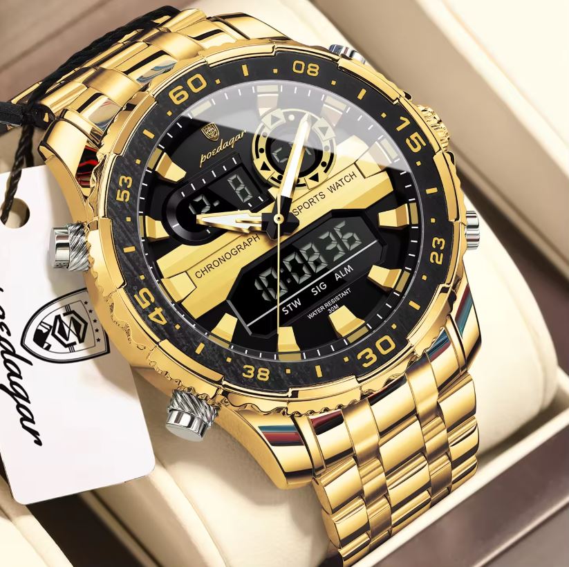 POEDAGAR 122 Luxury Dual Time LED Watch Gold Black – Waterproof Digital Stainless Steel Men’s Wristwatch