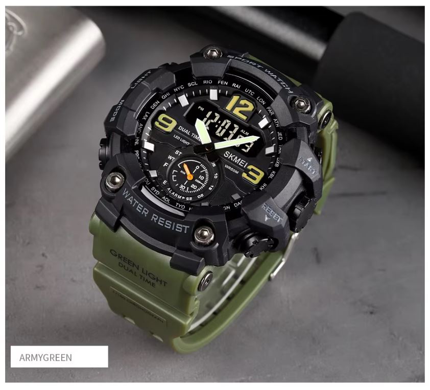 SKMEI 1637 Men’s Analog Digital Sports Watch Black Green– 50M Waterproof