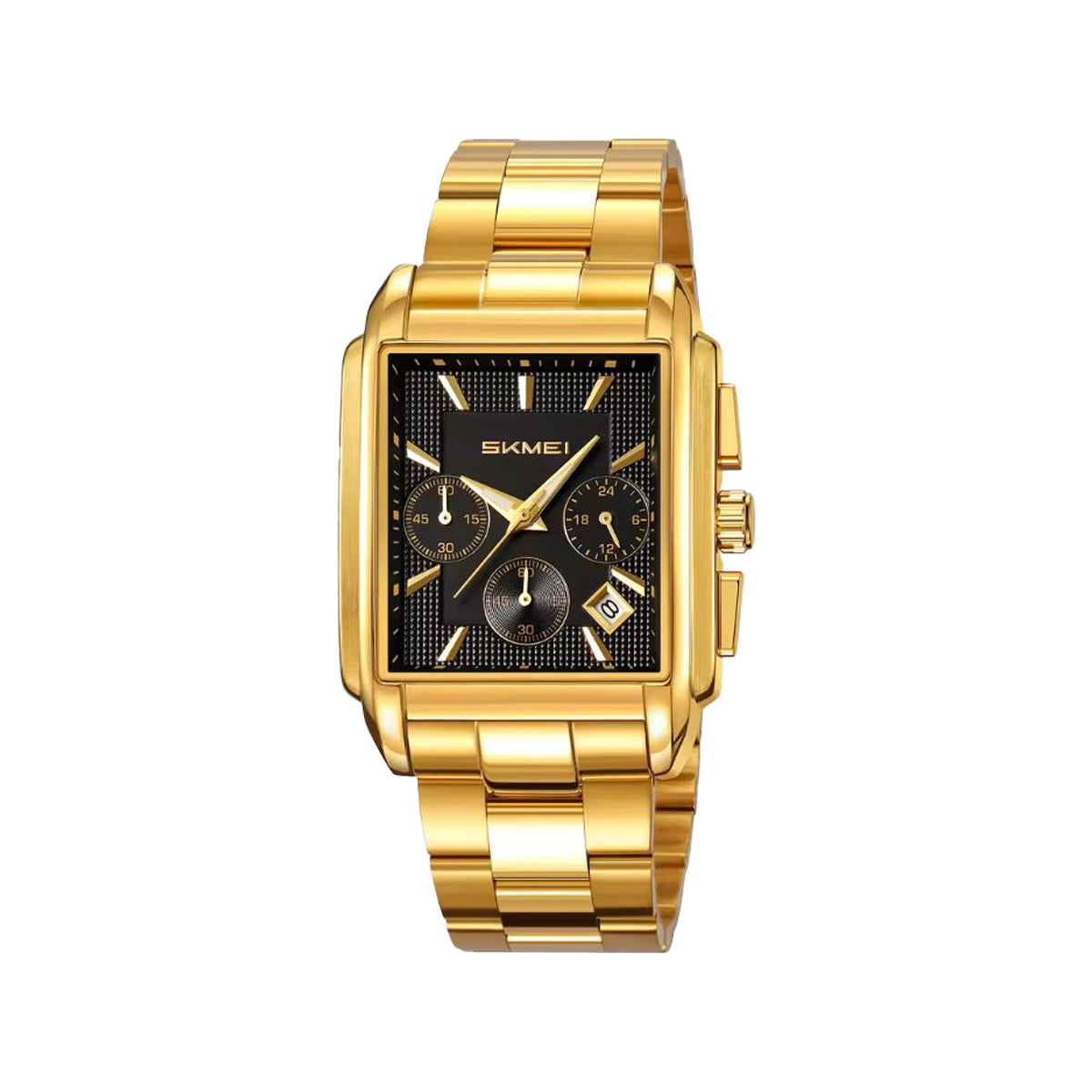 SKMEI 2339 Men’s Square Stainless Steel Quartz Watch Golden Black– Waterproof Business Wristwatch