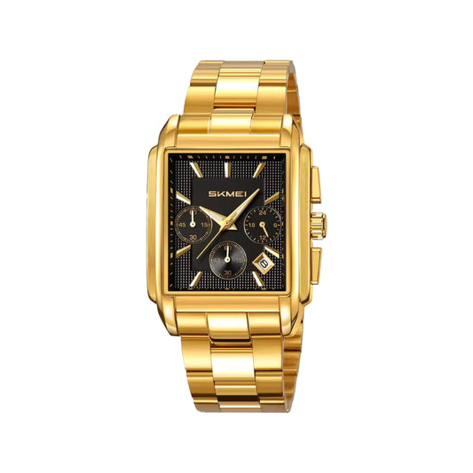 SKMEI 2339 Men’s Square Stainless Steel Quartz Watch Golden Black– Waterproof Business Wristwatch