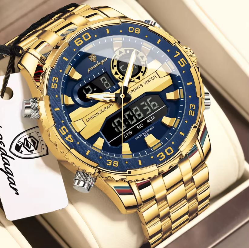 POEDAGAR 122 Luxury Dual Time LED Watch Gold Blue – Waterproof Digital Stainless Steel Men’s Wristwatch