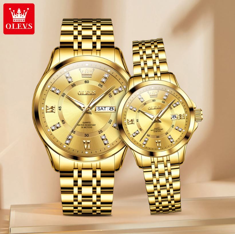 OLEVS 3620 Luxury Couple Quartz Watch Golden– Stainless Steel Matching Wristwatch Set