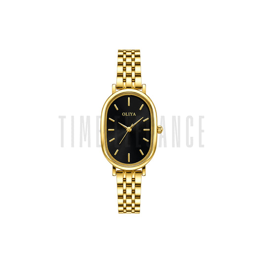 OLIYA 2015 Women’s Oval Quartz Watch Golden Black Dial – Classic Stainless Steel Fashion Wristwatch