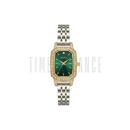 OLIYA 2002 Women’s Diamond-Encrusted Quartz Watch Green Dial – Small Dial Stainless Steel Vintage Wristwatch