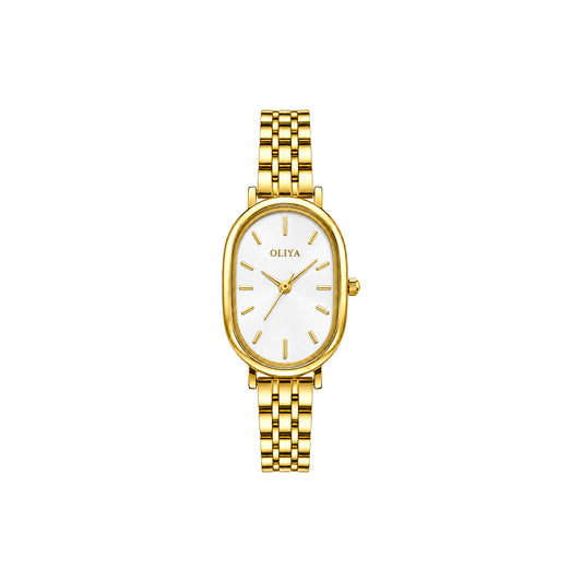 OLIYA 2015 Women’s Oval Quartz Watch Golden White Dial – Classic Stainless Steel Fashion Wristwatch