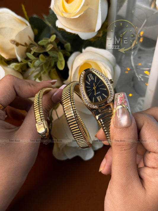 Luxury Gold Snake Bracelet Women's Quartz Watch with Black Dial | Crystal Fashion Bangle Watch