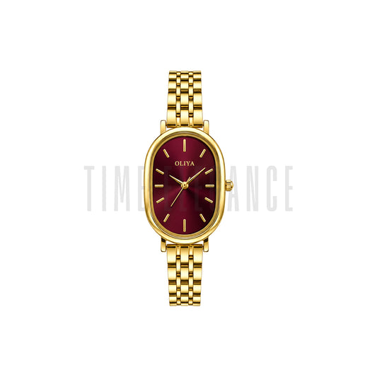 OLIYA 2015 Women’s Oval Quartz Watch Golden Maroon Dial – Classic Stainless Steel Fashion Wristwatch