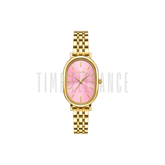 OLIYA 2015 Women’s Oval Quartz Watch Golden Pink Dial – Classic Stainless Steel Fashion Wristwatch