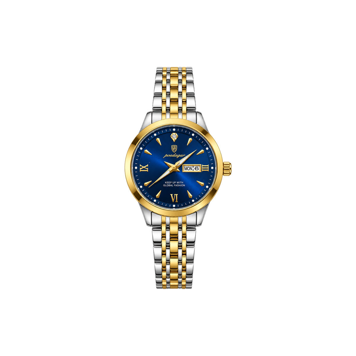 POEDAGAR 504 Women’s Quartz Watch Gold Blue – Stainless Steel Band & Complete Calendar Design