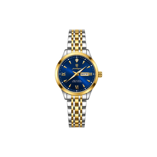 POEDAGAR 504 Women’s Quartz Watch Gold Blue – Stainless Steel Band & Complete Calendar Design