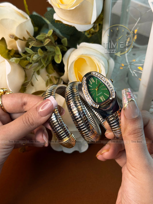 Luxury Silver Snake Bracelet Women's Quartz Watch with Emerald Green Dial | Crystal Bezel Bangle Watch