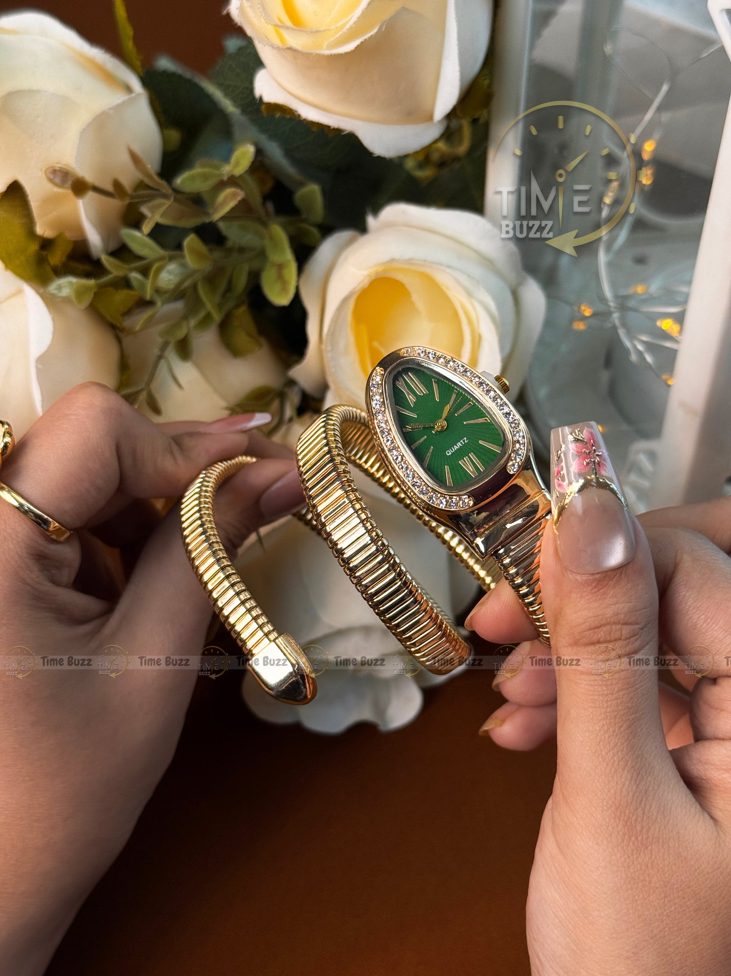 Luxury Gold Snake Bracelet Women's Quartz Watch with Emerald Green Dial | Crystal Fashion Bangle Watch