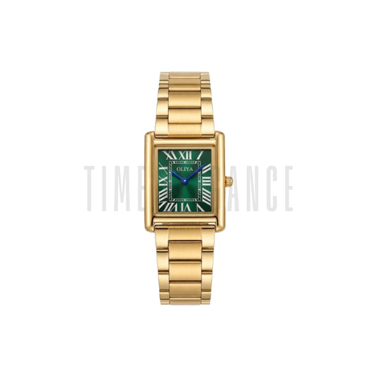 OLIYA 6862 Women’s Luxury Green Dial Quartz Watch – Gold Rectangular Stainless Steel Wristwatch