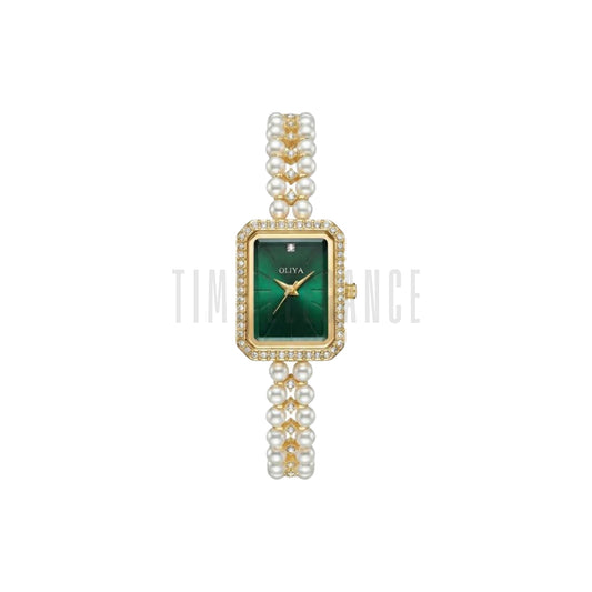 OLIYA 186 Women’s Square Pearl Strap Watch Green Dial– Elegant Jewelry Bracelet Quartz Wristwatch