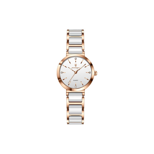 Wristwatch with rose gold and white ceramic band on a white background