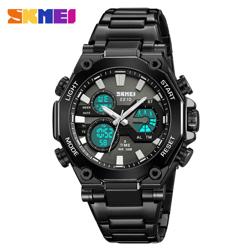 Black Skmei watch with digital and analog display on a white background
