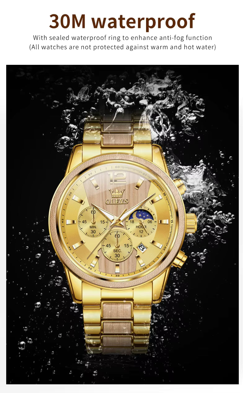 OLEVS 3645 Men's Wooden Chronograph Watch – Elegant & Waterproof