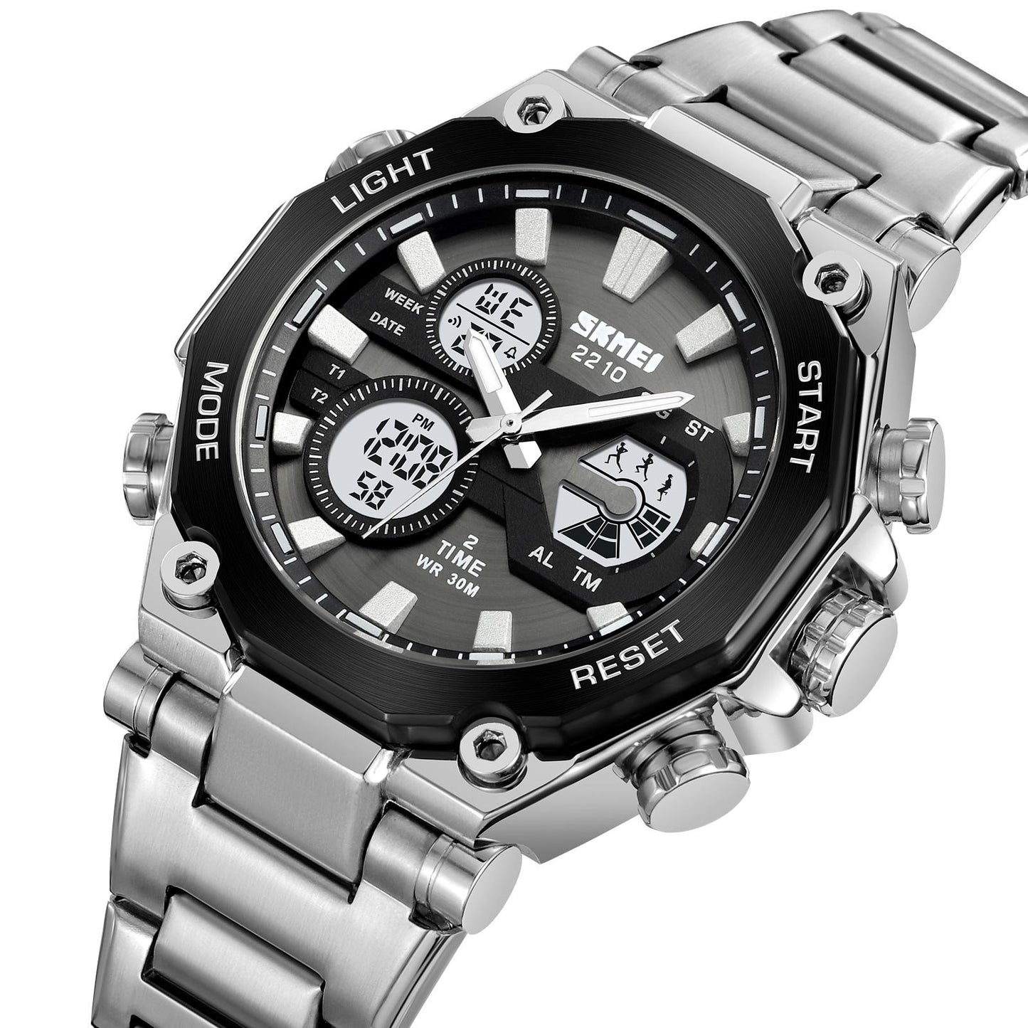 Silver wristwatch with a black dial on a white background