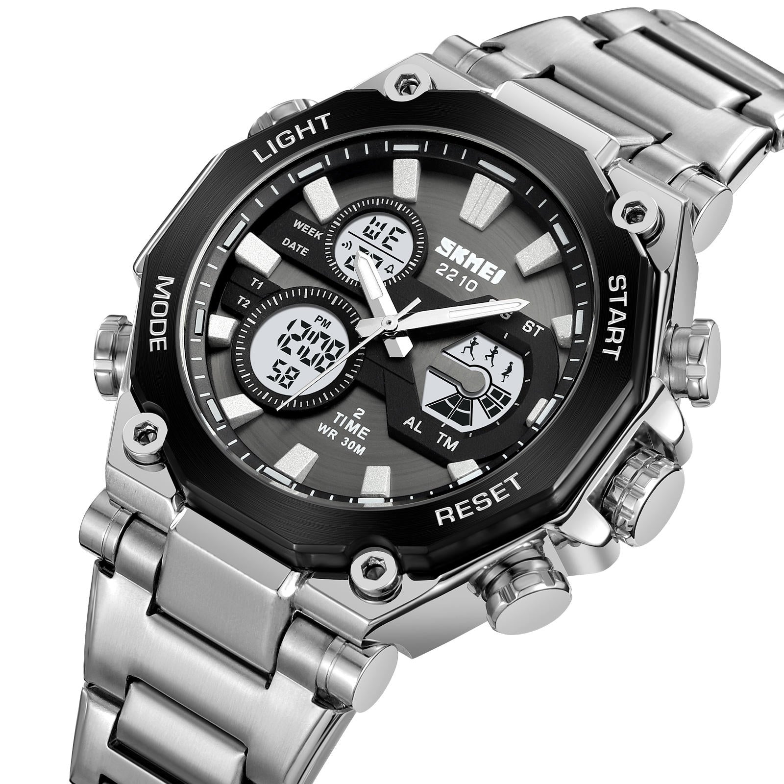 Silver wristwatch with a black dial on a white background