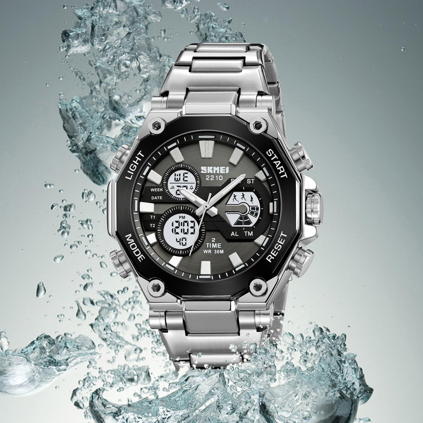Silver Skmei watch with black dial on a water-themed background