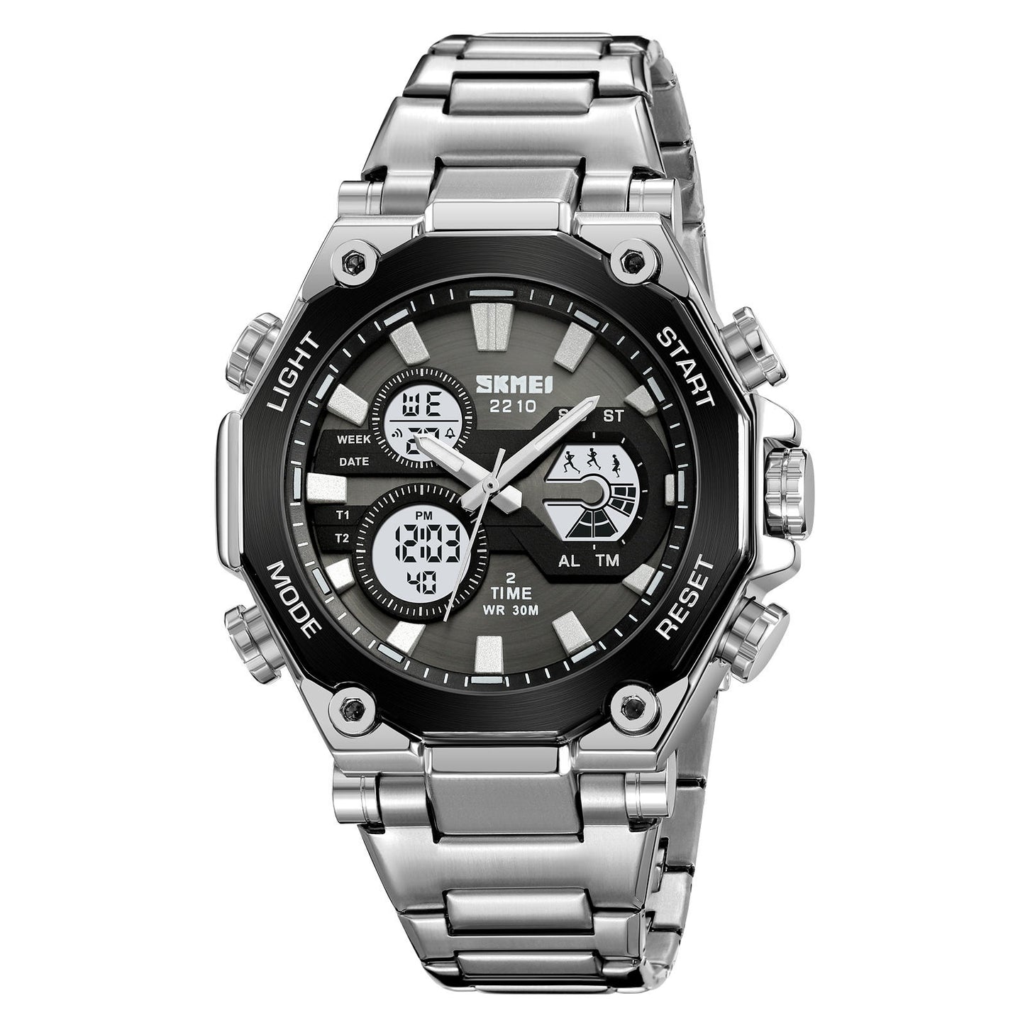 Silver wristwatch with black dial on a white background