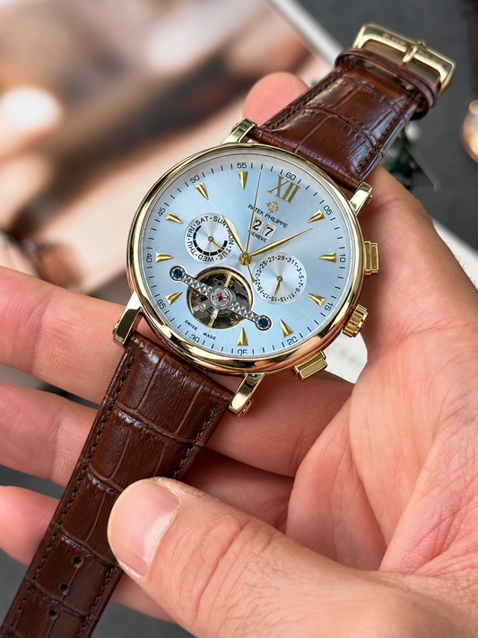 Patek Philippe Tourbillon Calendar Men’s Watch – White Dial & Brown Leather Strap