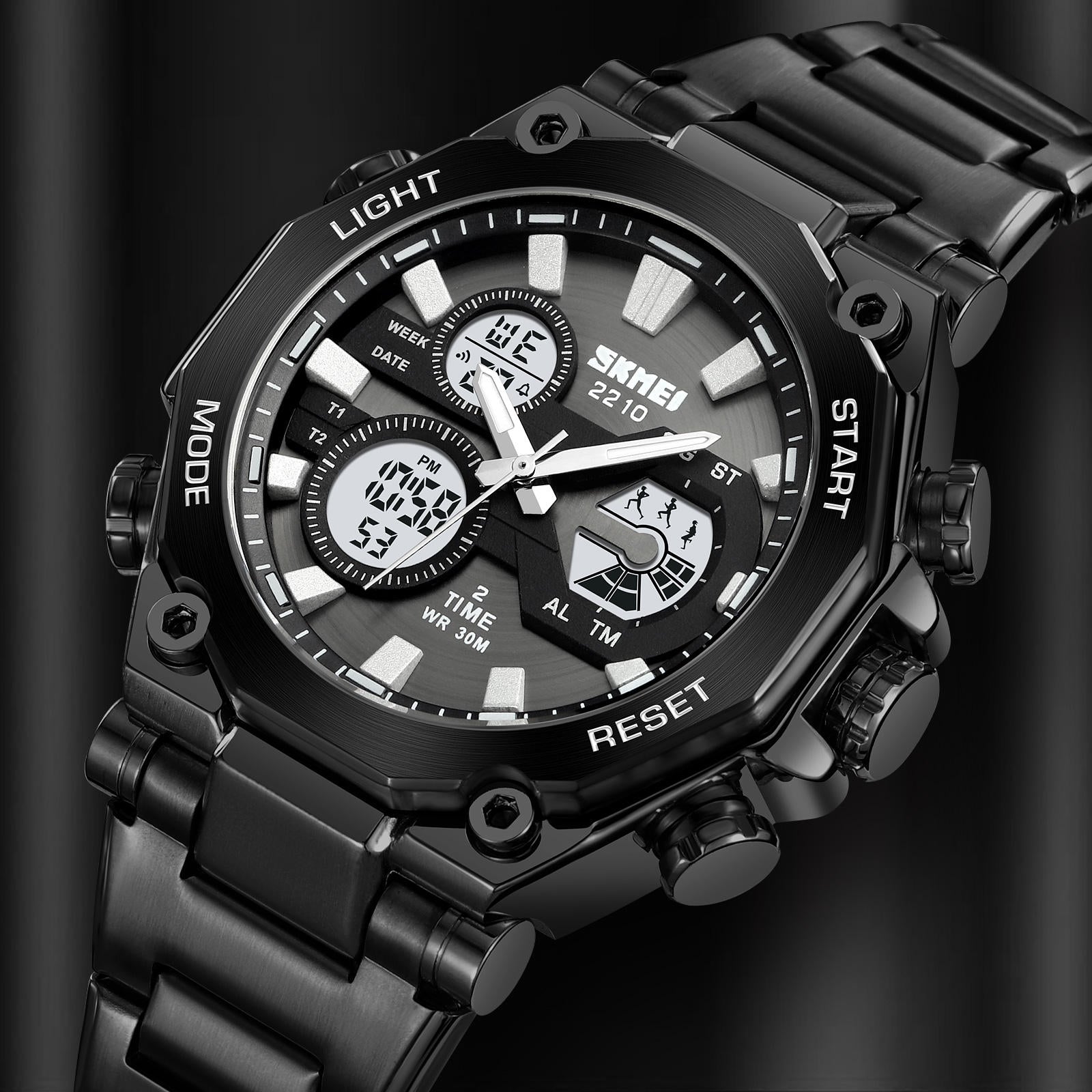 Black wristwatch with multiple time zones and digital display on a black background
