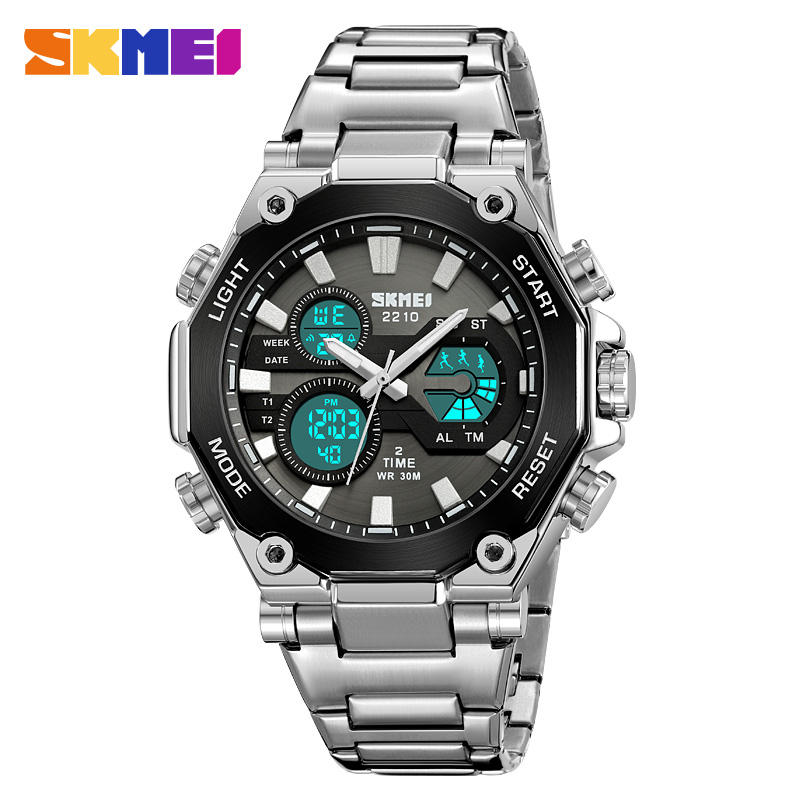 Silver Skmei watch with digital and analog display on a white background