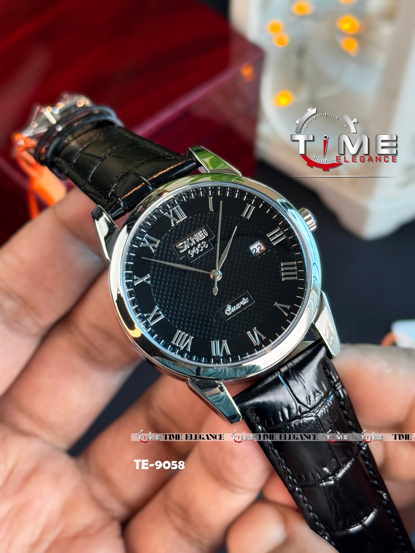 SKMEI 9058 Men’s Luxury Quartz Watch Black – Leather Strap Business Custom Logo Wristwatch