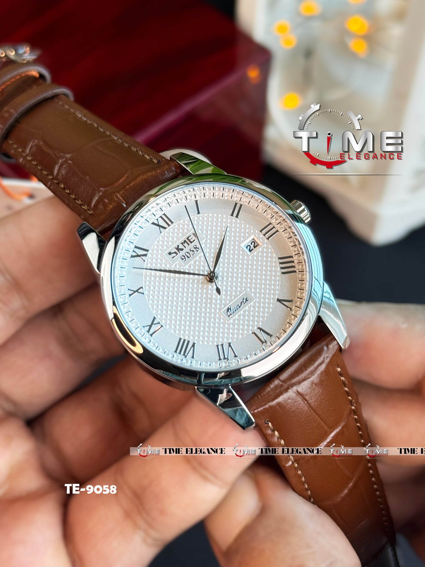 SKMEI 9058 Men’s Luxury Quartz Watch Brown Silver White– Leather Strap Business Custom Logo Wristwatch