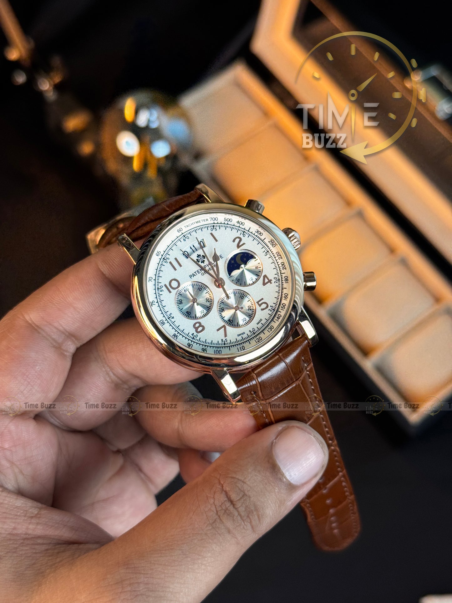 Patek PP201912 Moonphase Chronograph Men's Watch (Brown/White)