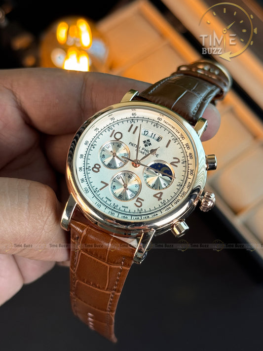 Patek PP201912 Moonphase Chronograph Men's Watch (Brown/White)