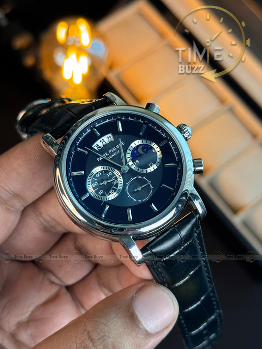 Patek Philippe Geneve Moonphase Silver Black Dial Men's Watch