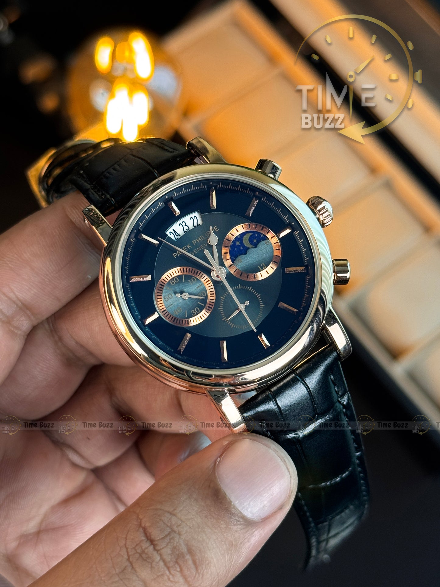 Patek Philippe Geneve Moonphase Gold Navy Dial Men's Watch