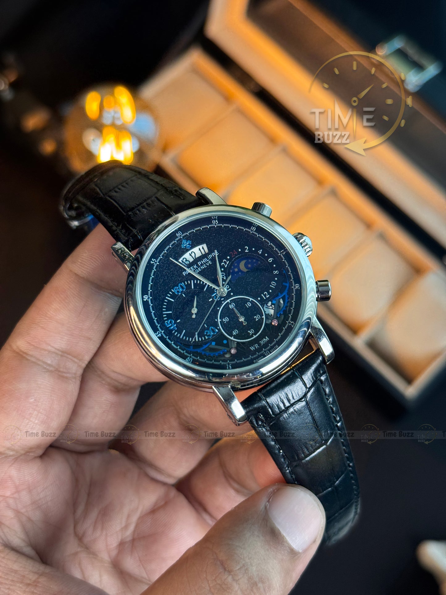 Patek Philippe Moonphase Chronograph Men’s Watch – Black Galaxy Dial & Black Leather Strap