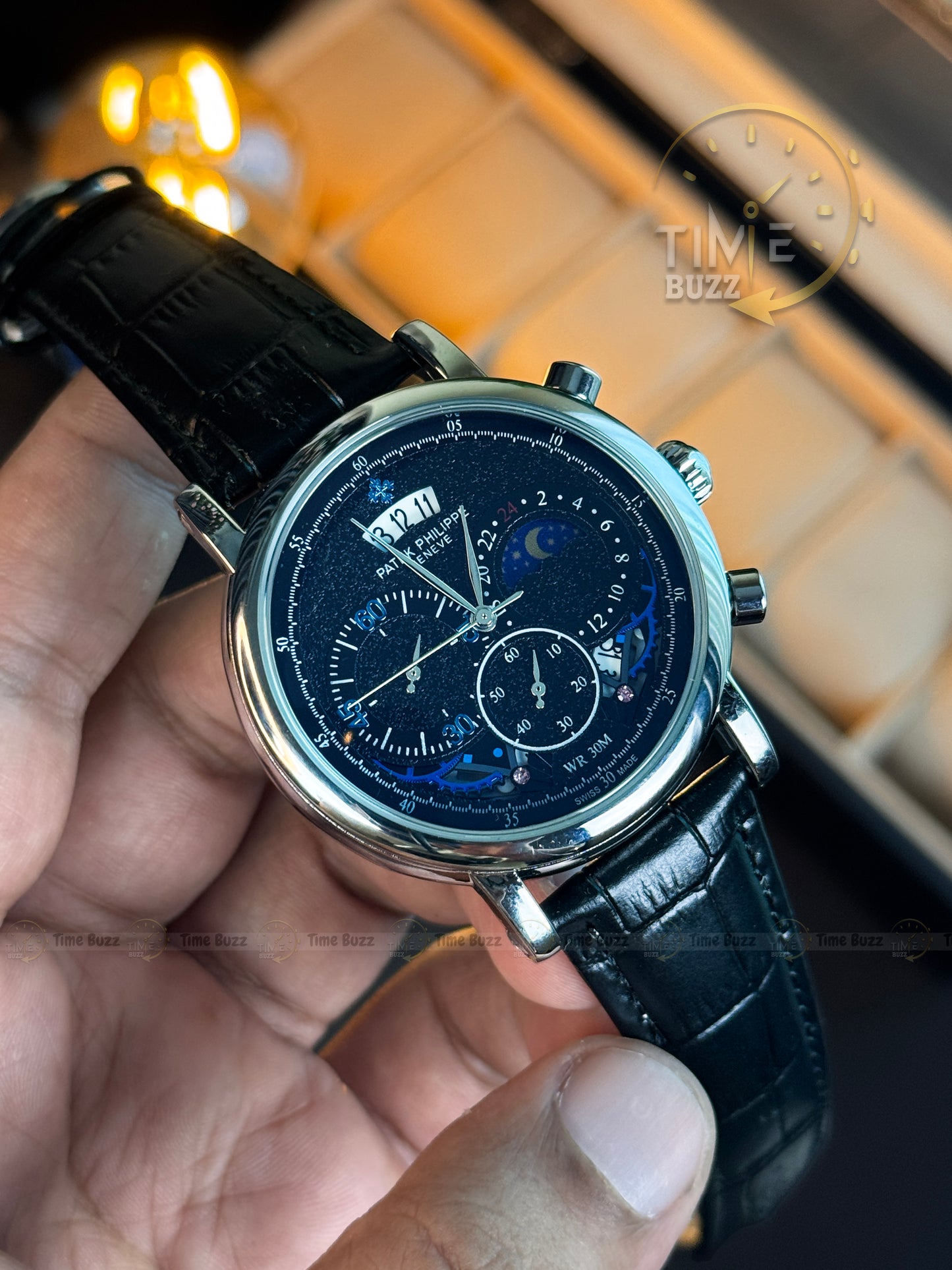 Patek Philippe Moonphase Chronograph Men’s Watch – Black Galaxy Dial & Black Leather Strap