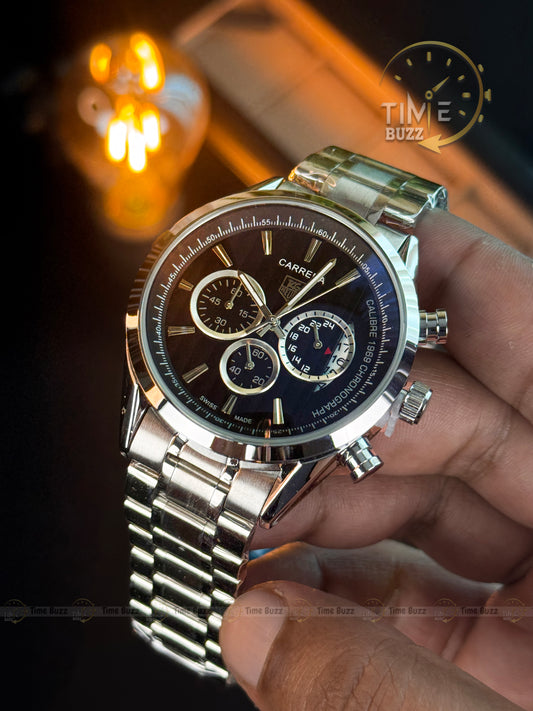 TAG Heuer Carrera Calibre 1887 Chronograph Men’s Watch – Black Dial & Stainless Steel Chain Strap