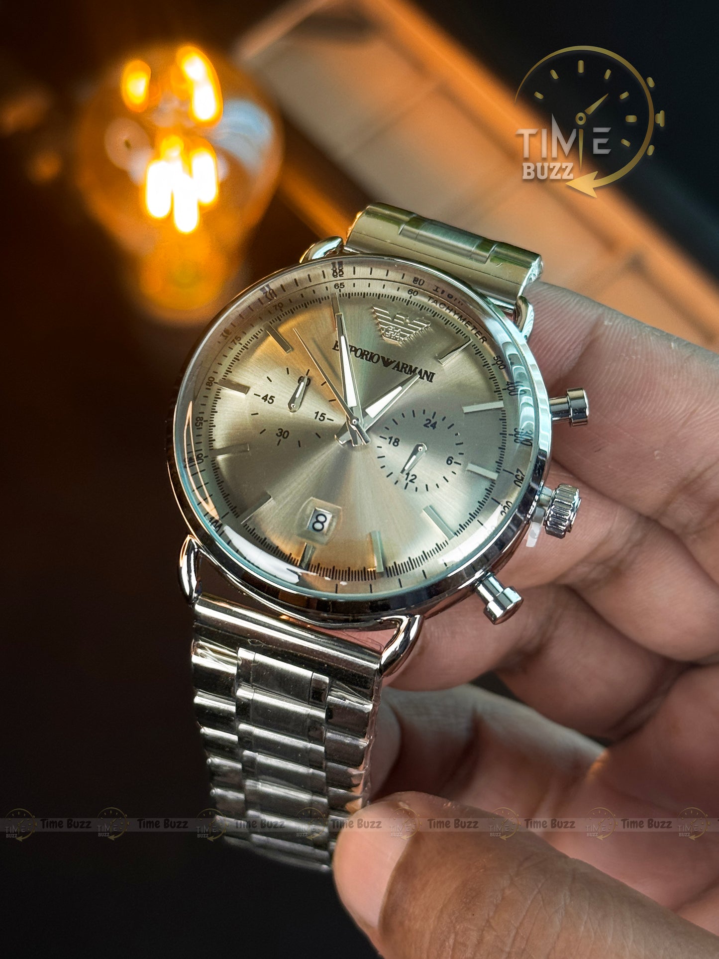Emporio Armani Chronograph Men’s Watch – Champagne Dial & Stainless Steel Chain Strap