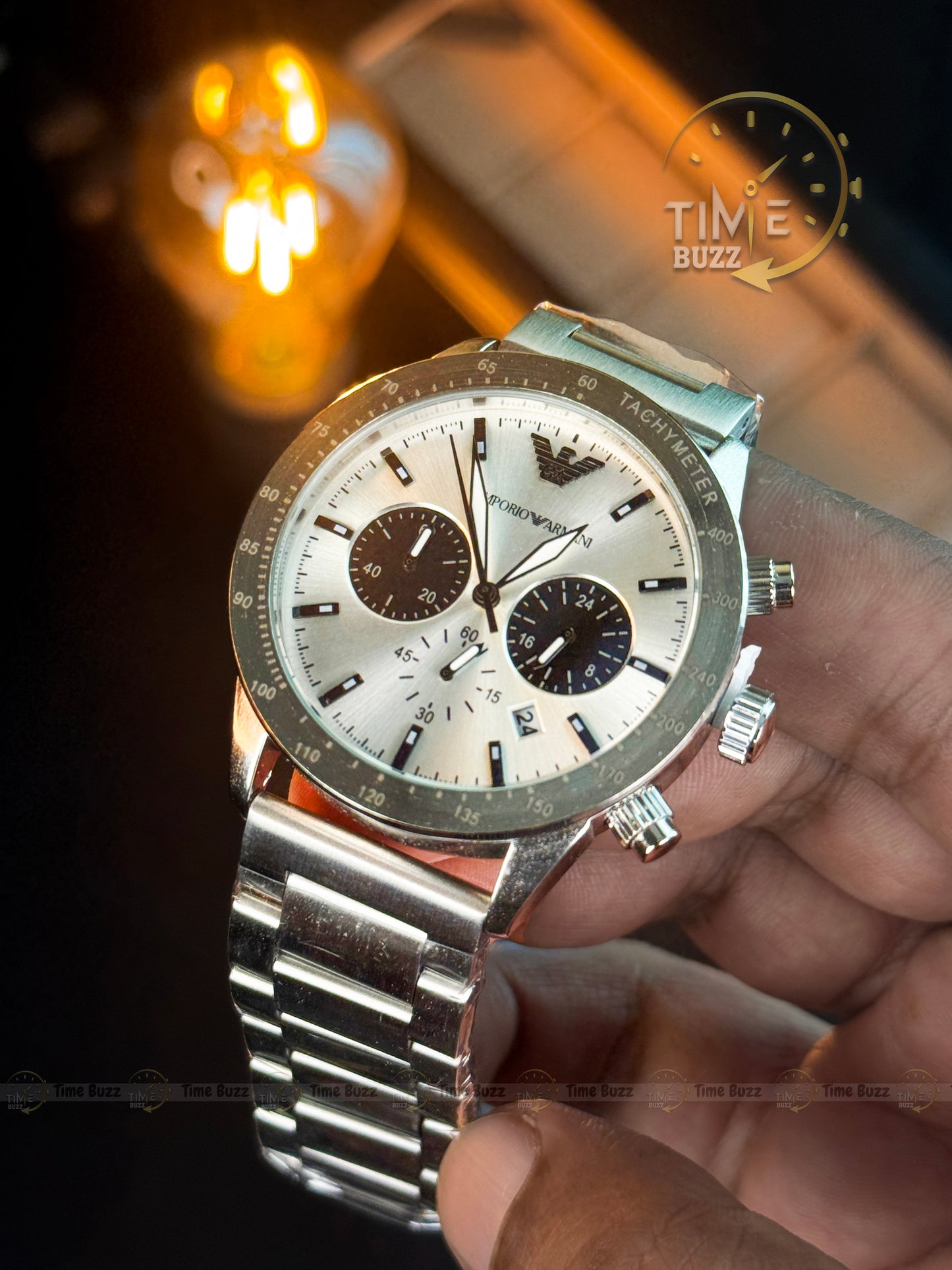 Emporio Armani Chronograph Men’s Watch – White Dial & Stainless Steel Chain Strap