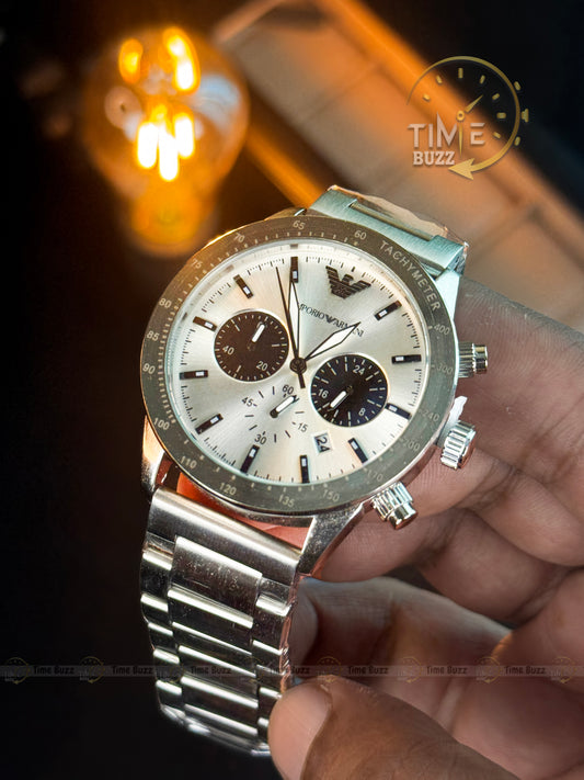Emporio Armani Chronograph Men’s Watch – White Dial & Stainless Steel Chain Strap